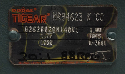 Used Dodge Tigear MR94623 K CC 20:1 Gear Reducer Torque: 1065in-lb Input: 1.77HP