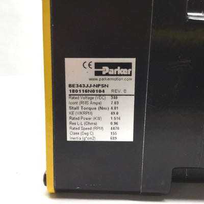 Used Parker Compumotor BE343JJ-NPSN Brushless DC Servo Motor, 340VDC 1.516KW 4470RPM