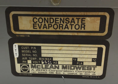 Used Mclean Midwest CE-0426-001 Condensate Evaporator 230VAC 1Ph Air Temp: 50-125°F