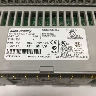 Used Allen Bradley 1794-IB16 /A Flex I/O Digital Input Module 16-Pt w/ 1794-TB3 Base