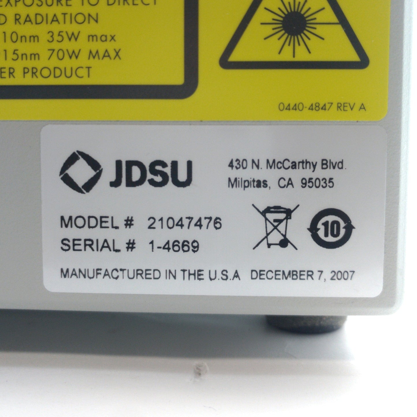 Used JDSU 21047476 IFM15 Fiber Optic Diode Laser System 1110nm 15W ?7.3mm Beam 120VAC