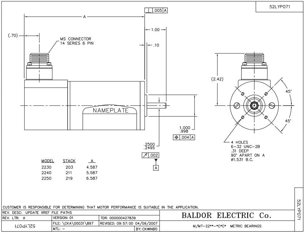 Used Baldor MT-2250-BCYCN DC Servomotor, NEMA 23, 40V DC, 5.5A, 5000RPM, 1/4" Shaft