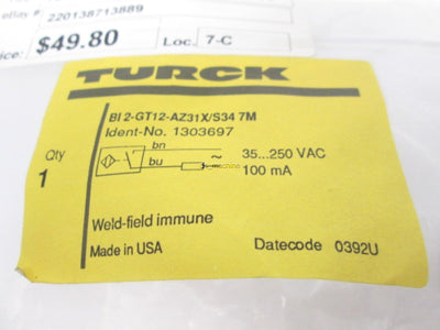 New Turck BI 2-GT12-AZ31X/S34 Threaded Proximity Sensor 35-250VAC, Sn: 2mm .078"