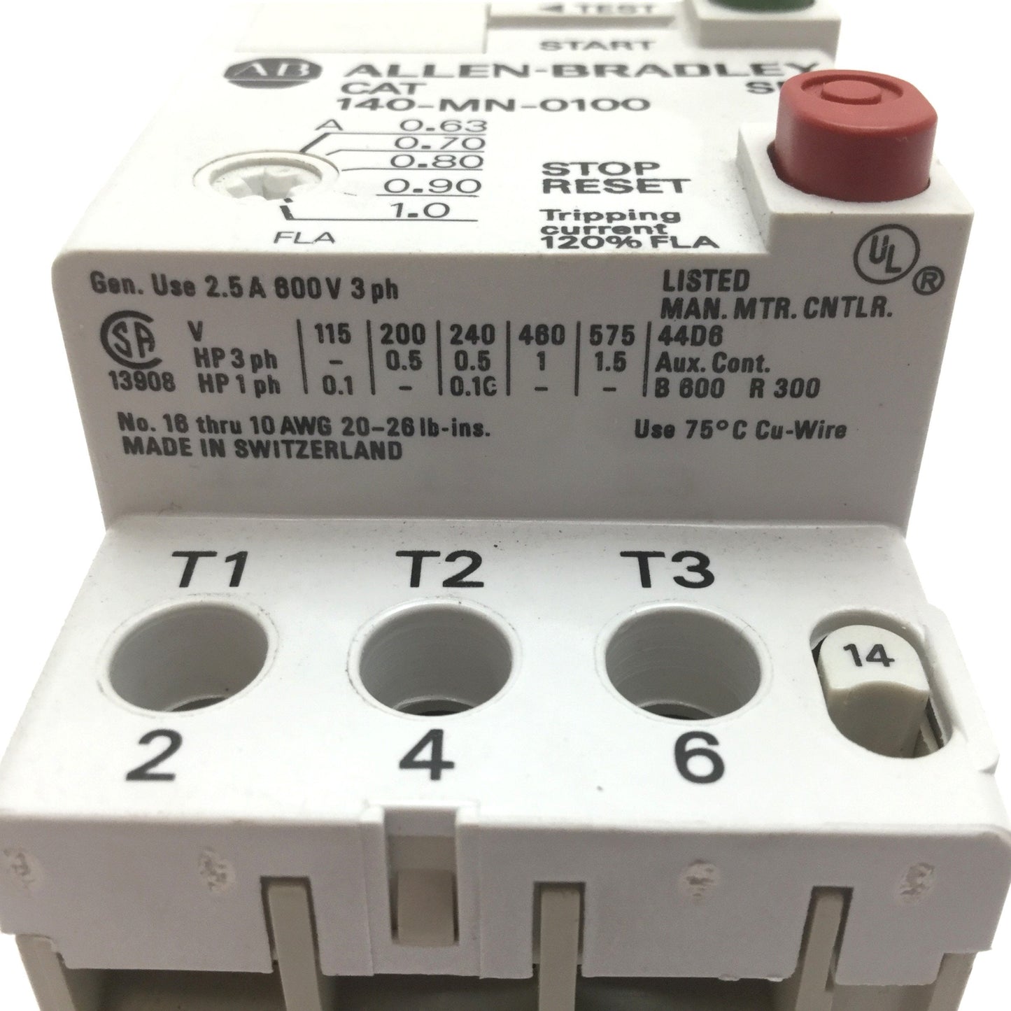 Used Allen Bradley 140-MN-0100 Manual Motor Starter, With 140-A10 Auxiliary Contact