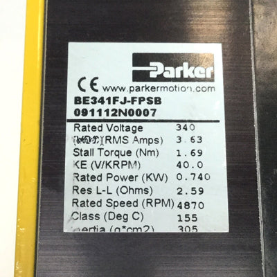 Used Parker BE341FJ-FPSB Brushless Servo Motor, 340VAC, 0.74kW, 14.9 In-lbs, NEMA 34