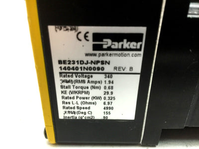 Used Parker Compumotor BE231DJ-NPSN Servo Motor Voltage: 340 V, 4990 RPM, Rev B