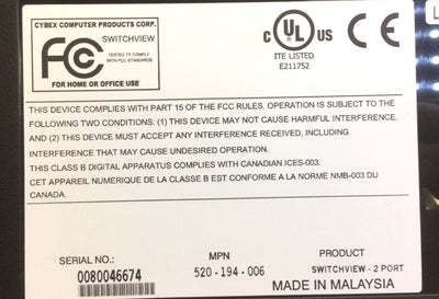 New Avocent Cybex 520-194-006 SwitchView KVM, # of Ports: 2, 6VDC 0.7A