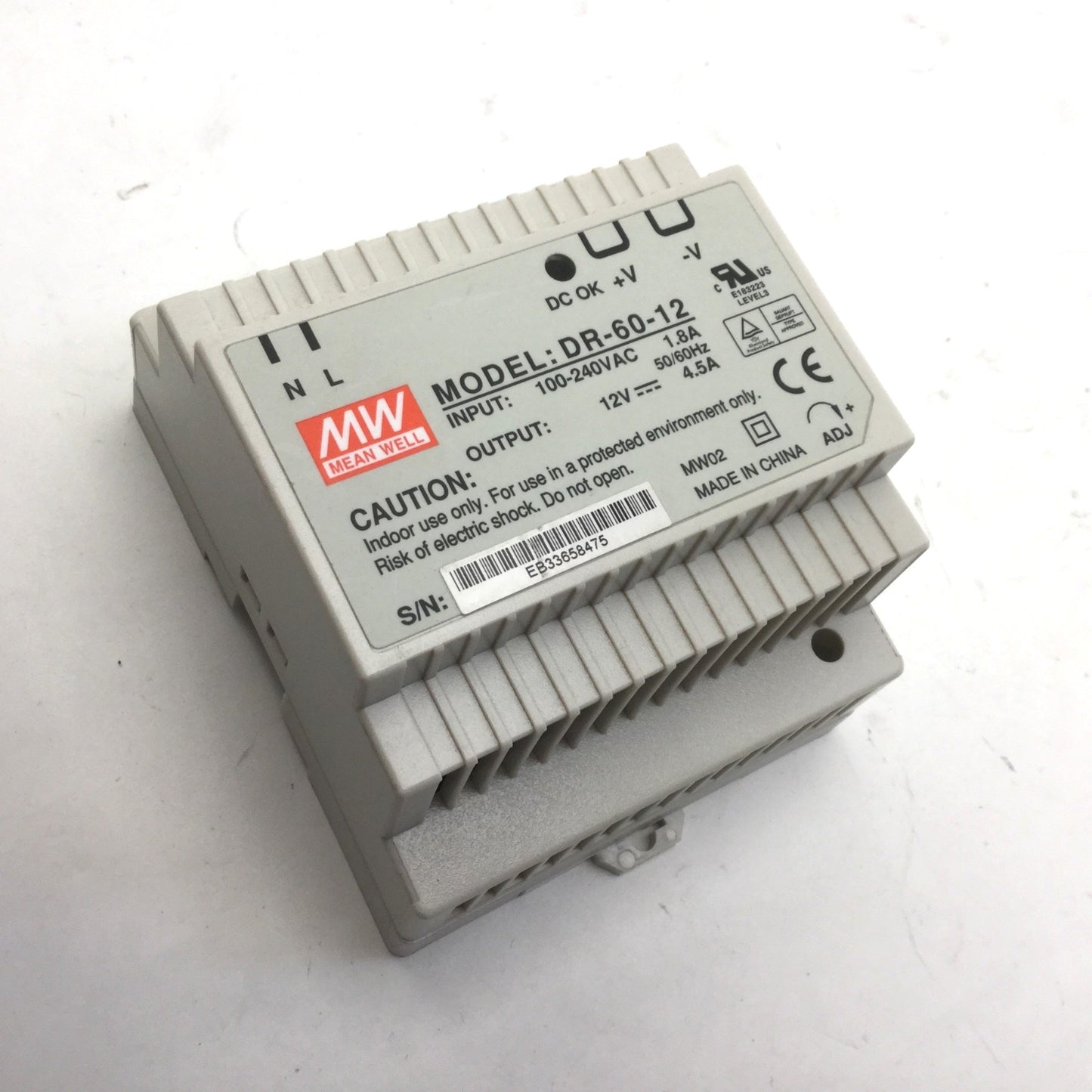 Used Mean Well DR-60-12 Power Supply, In: 100-240VAC 1.8A 50/60Hz, Out: 12VDC 4.5A