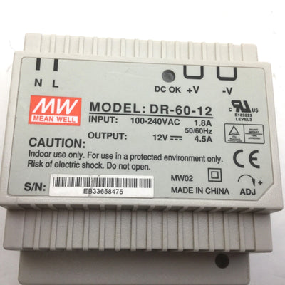 Used Mean Well DR-60-12 Power Supply, In: 100-240VAC 1.8A 50/60Hz, Out: 12VDC 4.5A