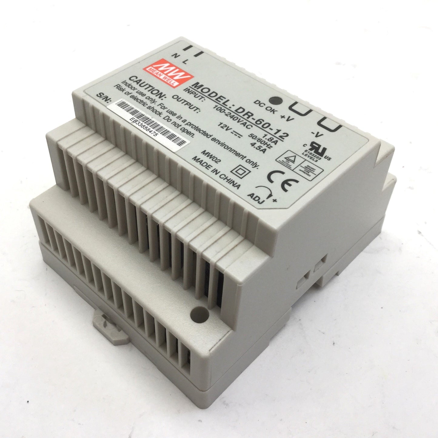 Used Mean Well DR-60-12 Power Supply, In: 100-240VAC 1.8A 50/60Hz, Out: 12VDC 4.5A