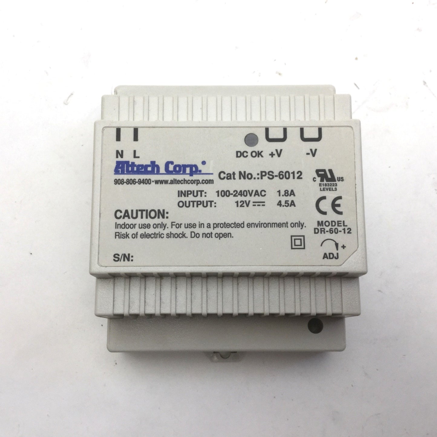 Used Altech Corp PS-6012 DR-60-12 Power Supply, In: 100-240VAC 1.8A, Out: 12VDC 4.5A