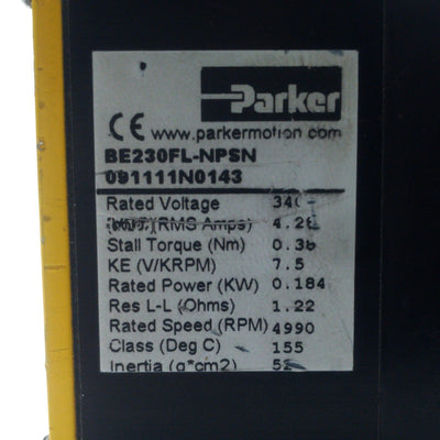 Used Parker BE230FL-NPSN Servo Motor, NEMA 23, 3/8" Shaft, 3.3in-lb Torque, 340V 4.2A