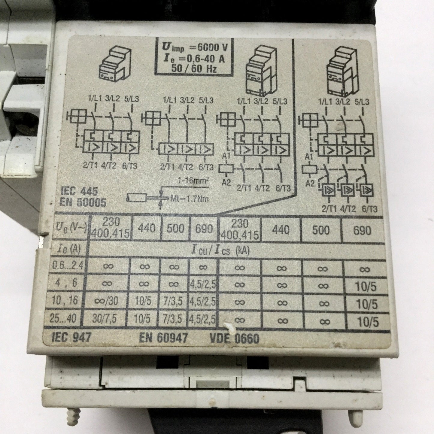 Used Moeller ZM-1,6-PKZ2 Adjustable Motor Protector, 3PH, 0.75HP, 1-1.6A /14-22A