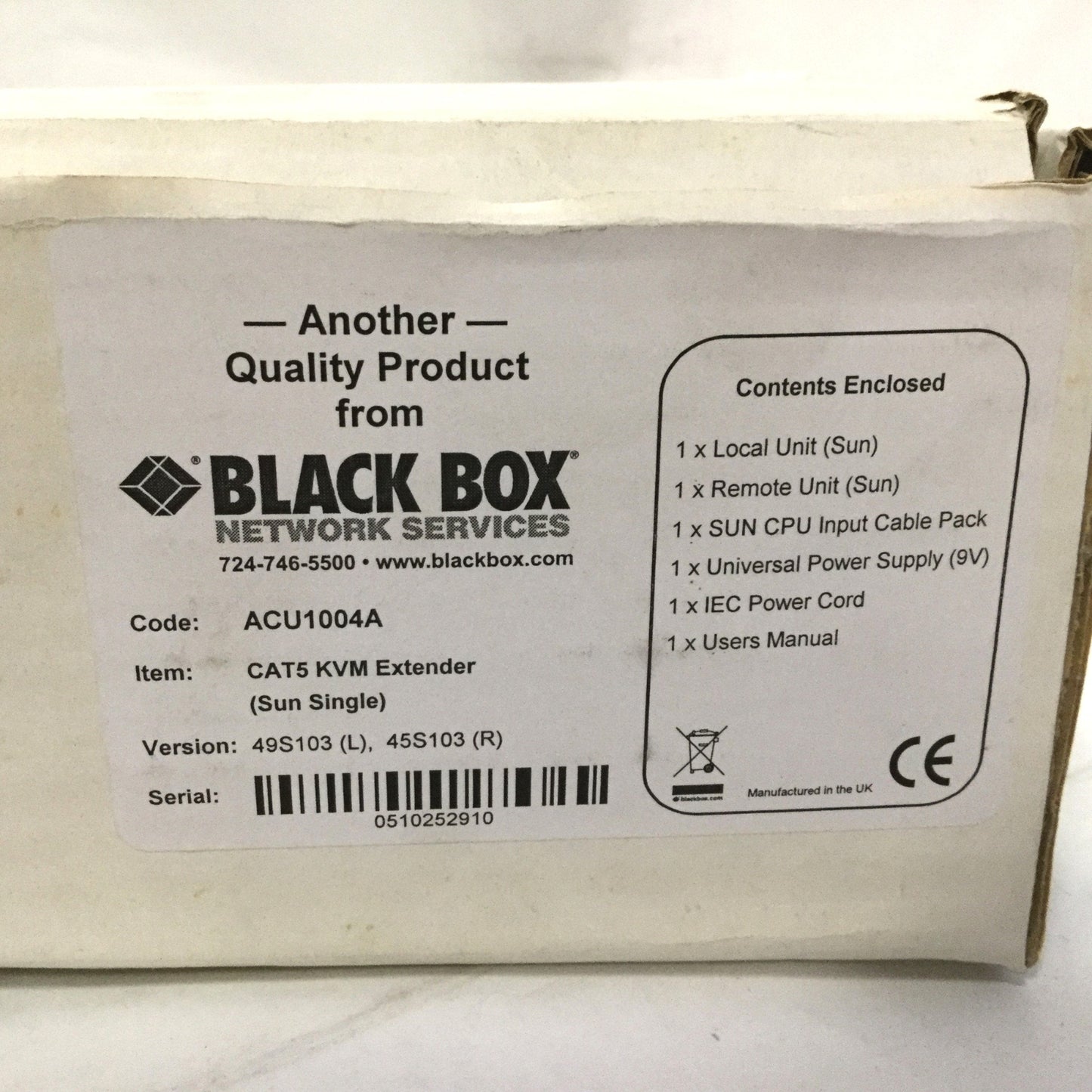 Used Black Box ACU1004A CAT5 KVM Extender, Version: 49S103 (L), 45S103 (R)