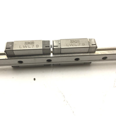 Used Bank of 2 IKO LWL7 B Ball Bearing Carriages on 140mm Rail, Carriage: 17mm x 23mm