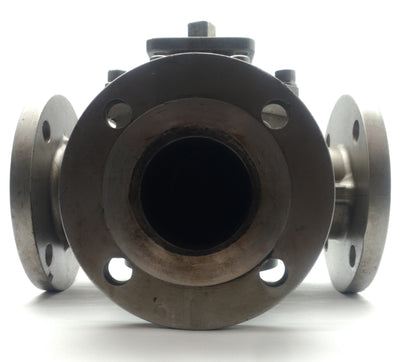 For parts or not working Flow-Tek MPF150 Flanged 3-Way Ball Valve, 3" Flange, 250PSI, Stainless *Ceased*