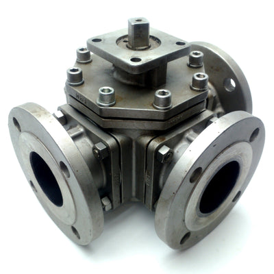 For parts or not working Flow-Tek MPF150 Flanged 3-Way Ball Valve, 3" Flange, 250PSI, Stainless *Ceased*