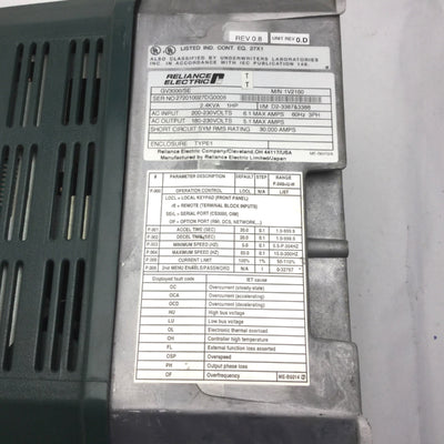 Used Reliance GV3000/SE Variable AC Drive VFD 1HP 200-230VAC 3Ph *Broken Cover/Mount*