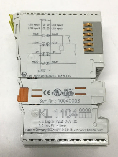 Used Lot of 3 Beckhoff KL1104 Digital Input Bus Terminal Modules, 4-Channel 24VDC