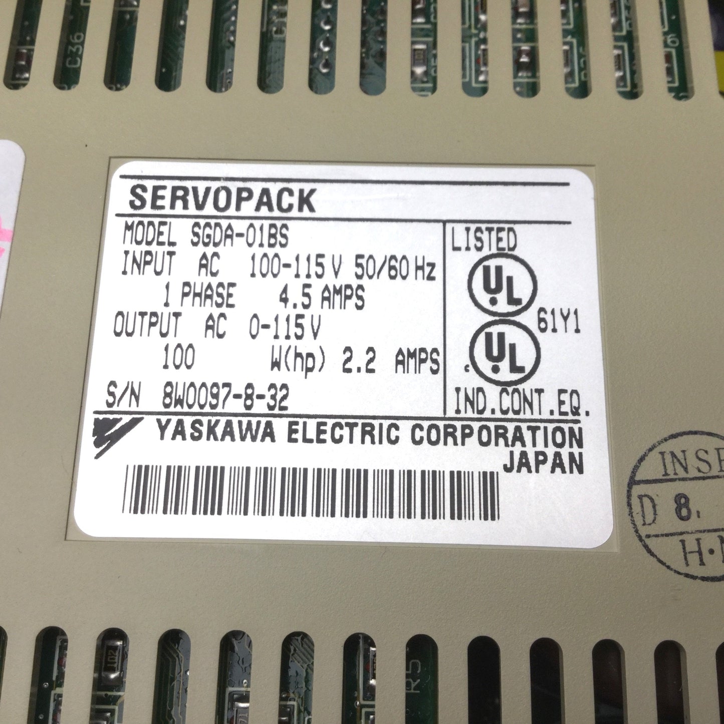 Used Yaskawa SGDA-01BS Servopack Drive Output: 0-115VAC, 100W(hp), 2.2A, 1PH