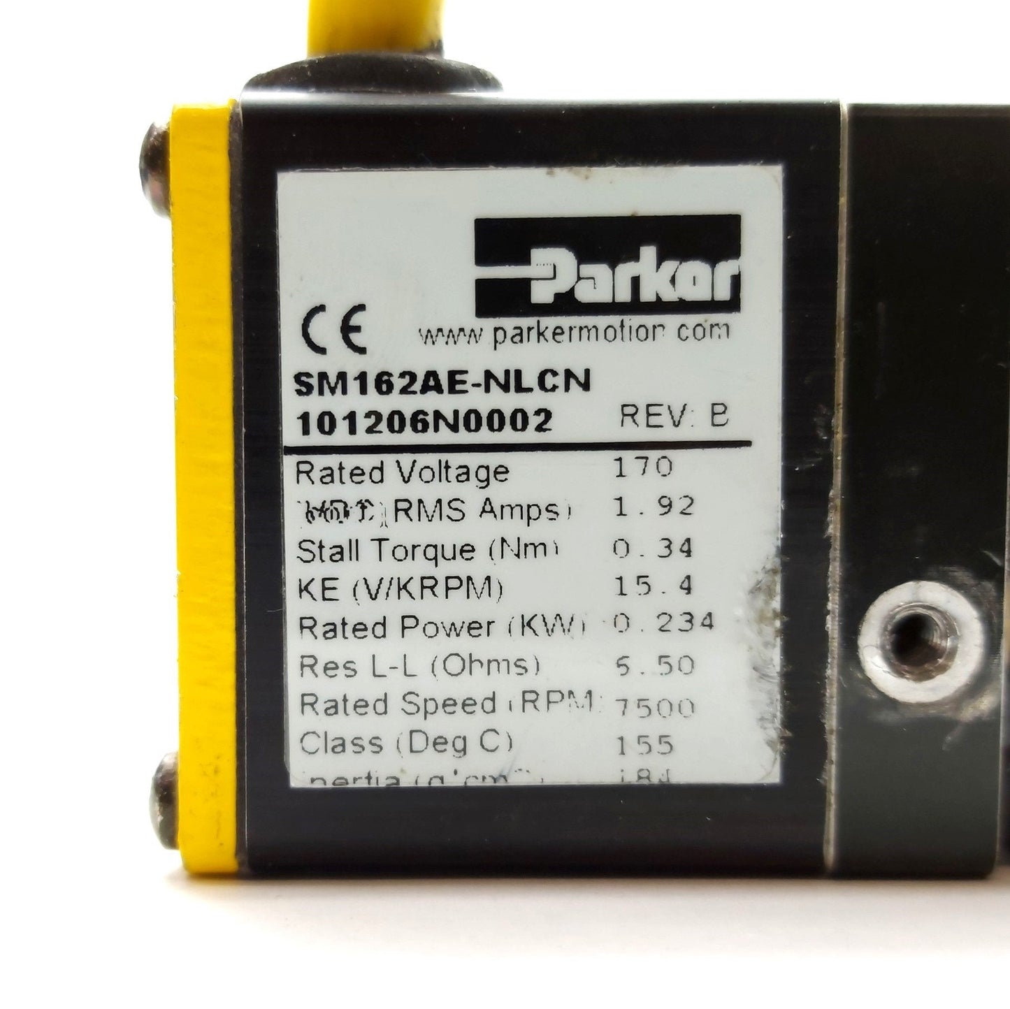 Used Parker SM162AE-NLCN Servo Motor, .234kW, 7500RPM, Size 16, 1/4" Shaft, 170V