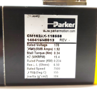 Used Parker CM162AX-118558 Servo Motor, .234kW, 7500RPM, Size 16, 1/4" Shaft, 170V