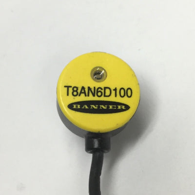 Used Banner T8AN6D100 Barrel Mount Sensor Proximity Diffuse 100mm Range, NPN 10-30VDC