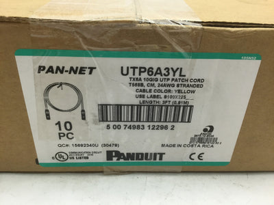 New Box of 10 New Panduit UTP6A3YL Patch Cords W/ MaTriX Tech 3' CAT 6A 10GB Yellow