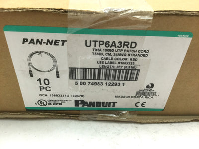 New Box of 10 New Panduit UTP6A3RD Patch Cords W/ MaTriX Tech 3' CAT 6A 10GB RED