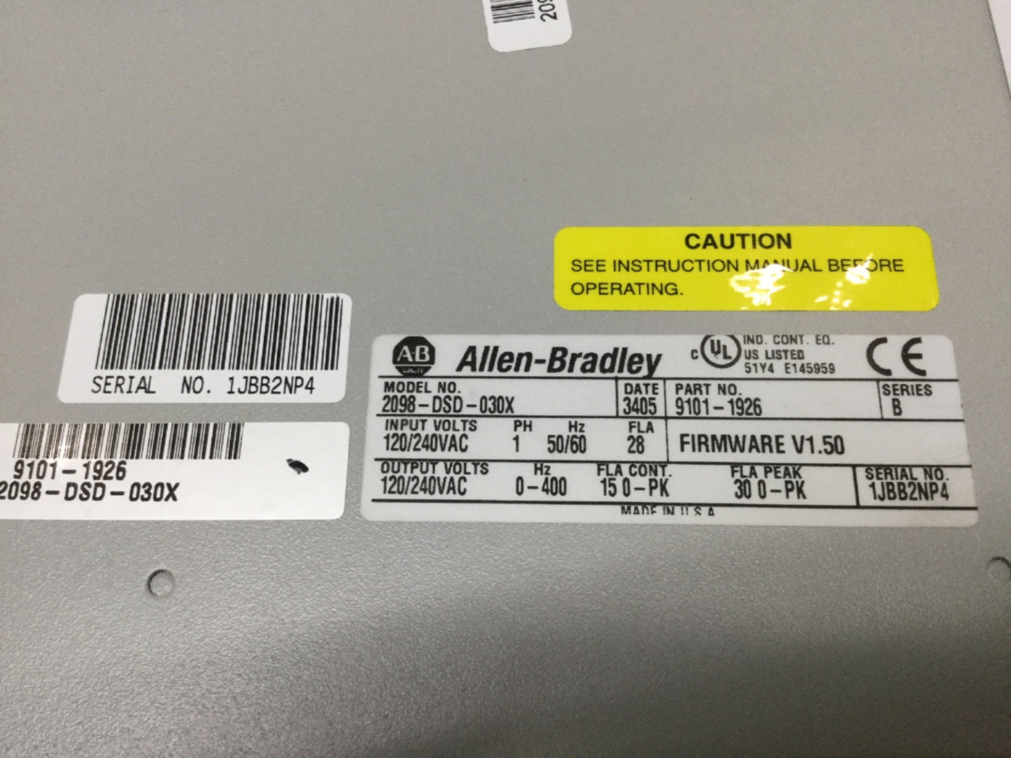 Used Allen Bradley 2098-DSD-030X Ultra3000i Indexing Servo Drive 15A, 120/240VAC 1PH