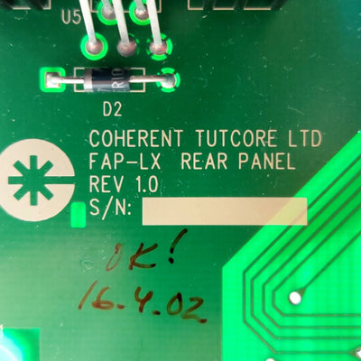 Used Coherent Rev. 1.0 Duo FAP LASER Rear Panel Board 15/9Pin D-Sub 8Pin DIN 2x RJ45