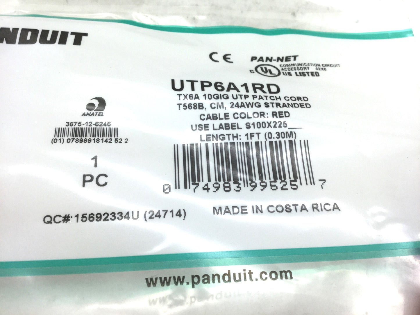 New Panduit UTP6A1RD Patch Cords 1' CAT 6A 10GB RED