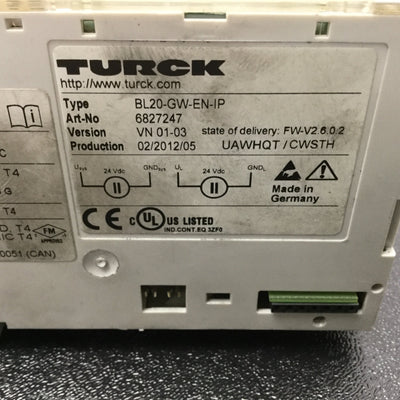 Used Turck BL20-GW-EN-IP Gateway For BL20 I/O System, 24VDC, 10-100Mbps, 1x RJ45