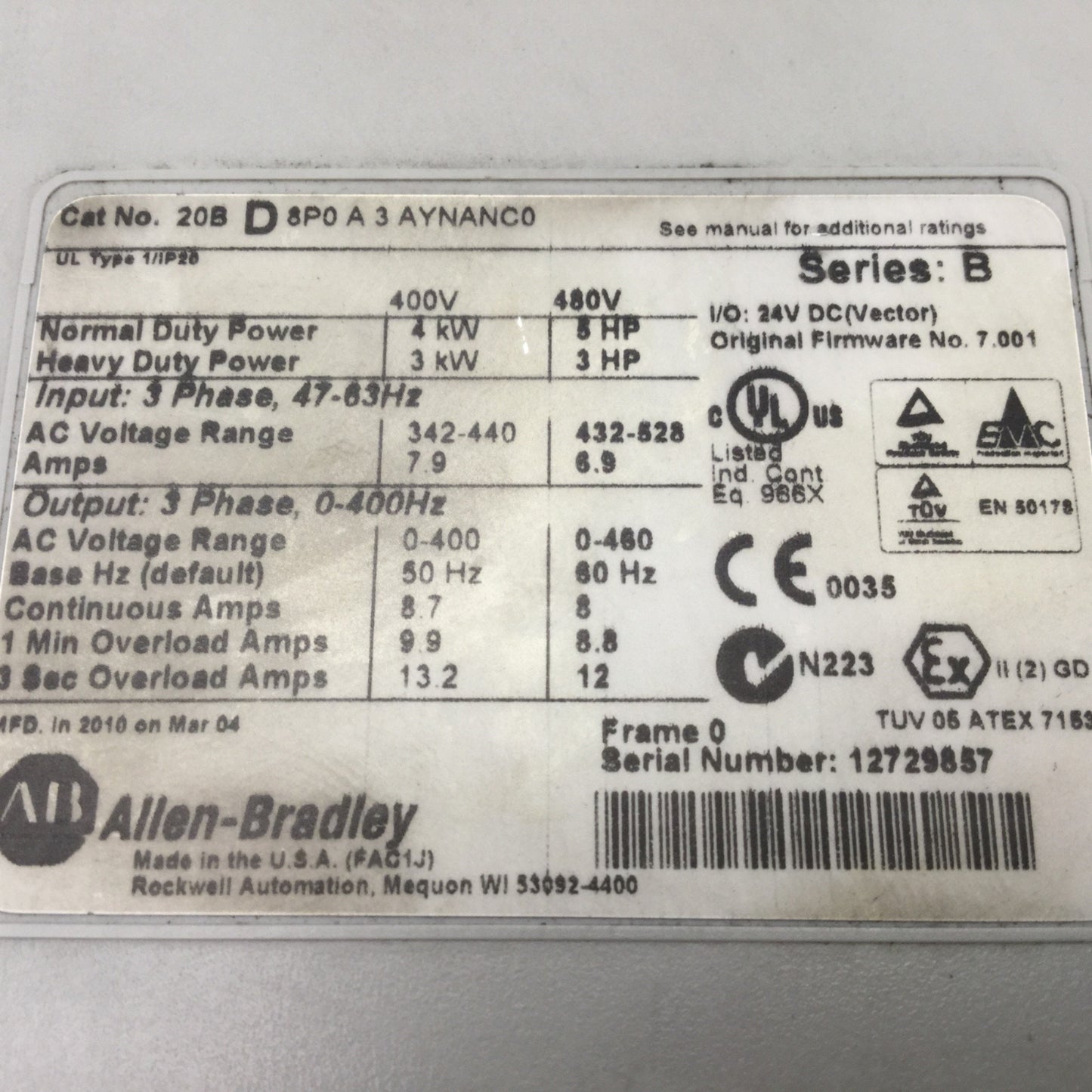 Used Allen Bradley 20BD8P0A3AYNANC0 PowerFlex 700 AC Drive, 400/480VAC 7.9/6.9A 3-5HP