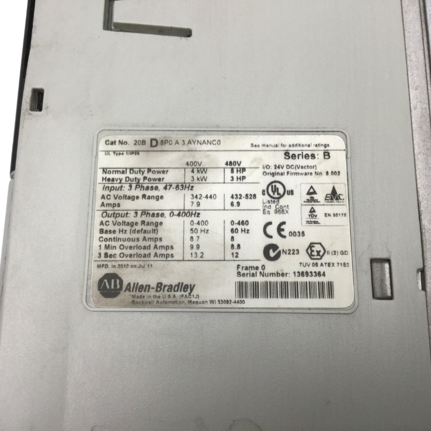 Used Allen-Bradley 20BD8P0A3AYNANC0 PowerFlex 700 AC Drive 400/480VAC 7.9/6.9A 3-5HP