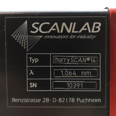 Used Scanlab HurryScan 14 LASER Scan Head, 250W@1064nm, 14mm Aperture, F=100mm, 15VDC