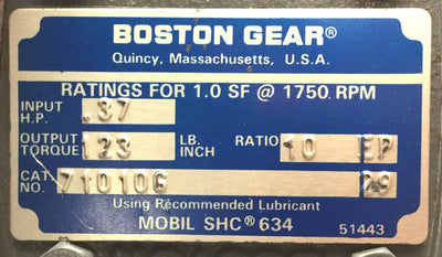 Used Boston Gear 71010G Gear Reducer Ratio: 10:1, .37HP, Output Torque: 123 in-lb