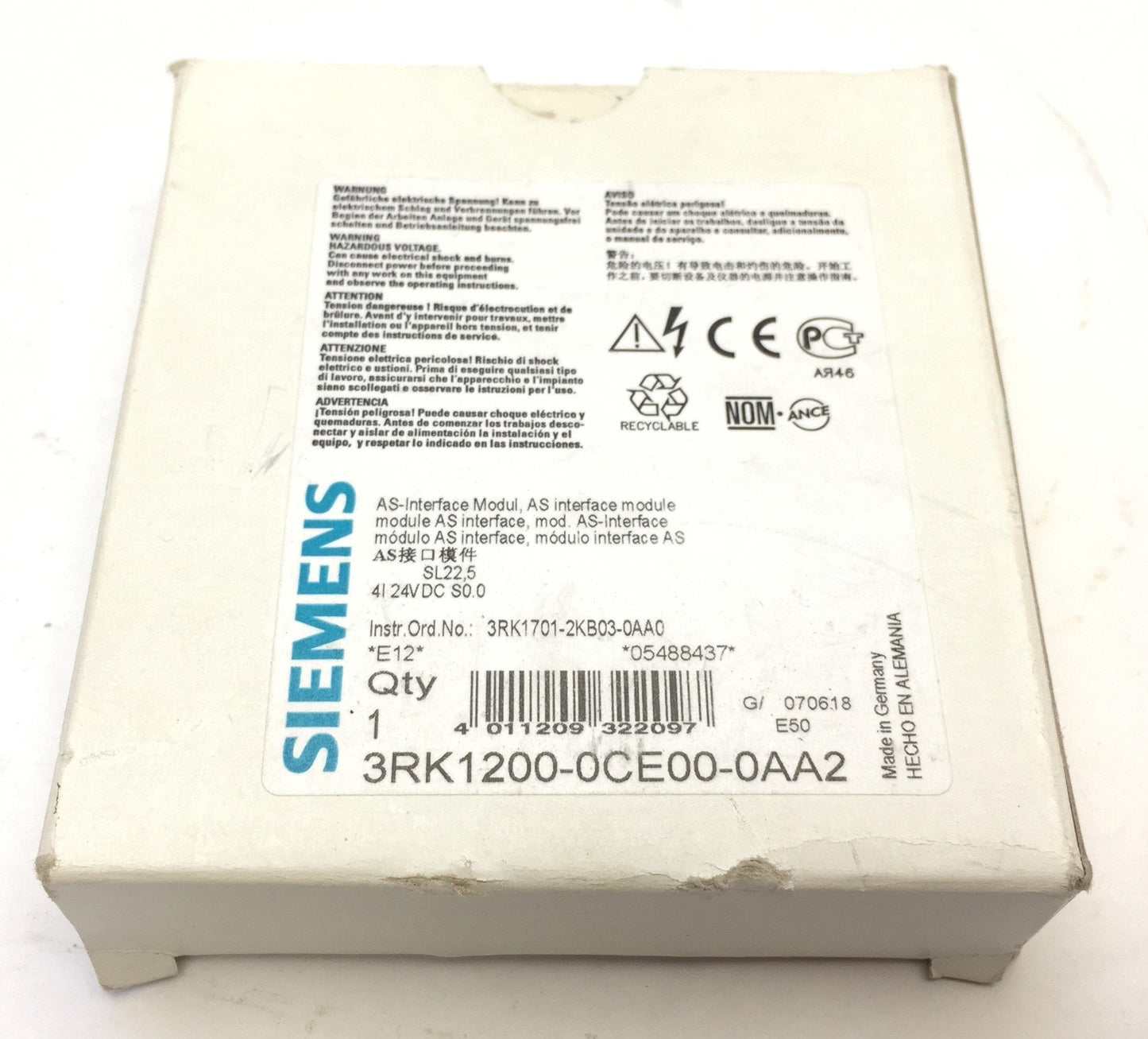 Used Siemens 3RK1200-0CE00-0AA2 AS-i Interface I/O Module, 4 Inputs, 24VDC, 50mA