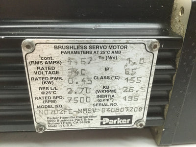 Used Parker N070FE-NMSV Brushless Servo Motor Torque: 1.0 Nm 7500 RPM Voltage: 340V