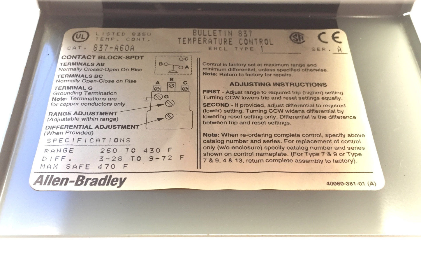 Used Allen Bradley 837-A60A Temperature Control, Adjustable 260-430øF, Length 3-3/4"