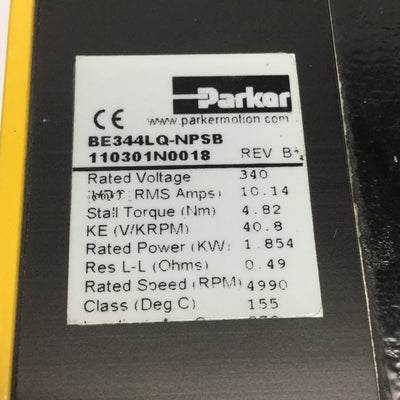 Used Parker BE344LQ-NPSB Brushless Servo Motor 340V, 1.85kW, 4990RPM, Smart Encoder