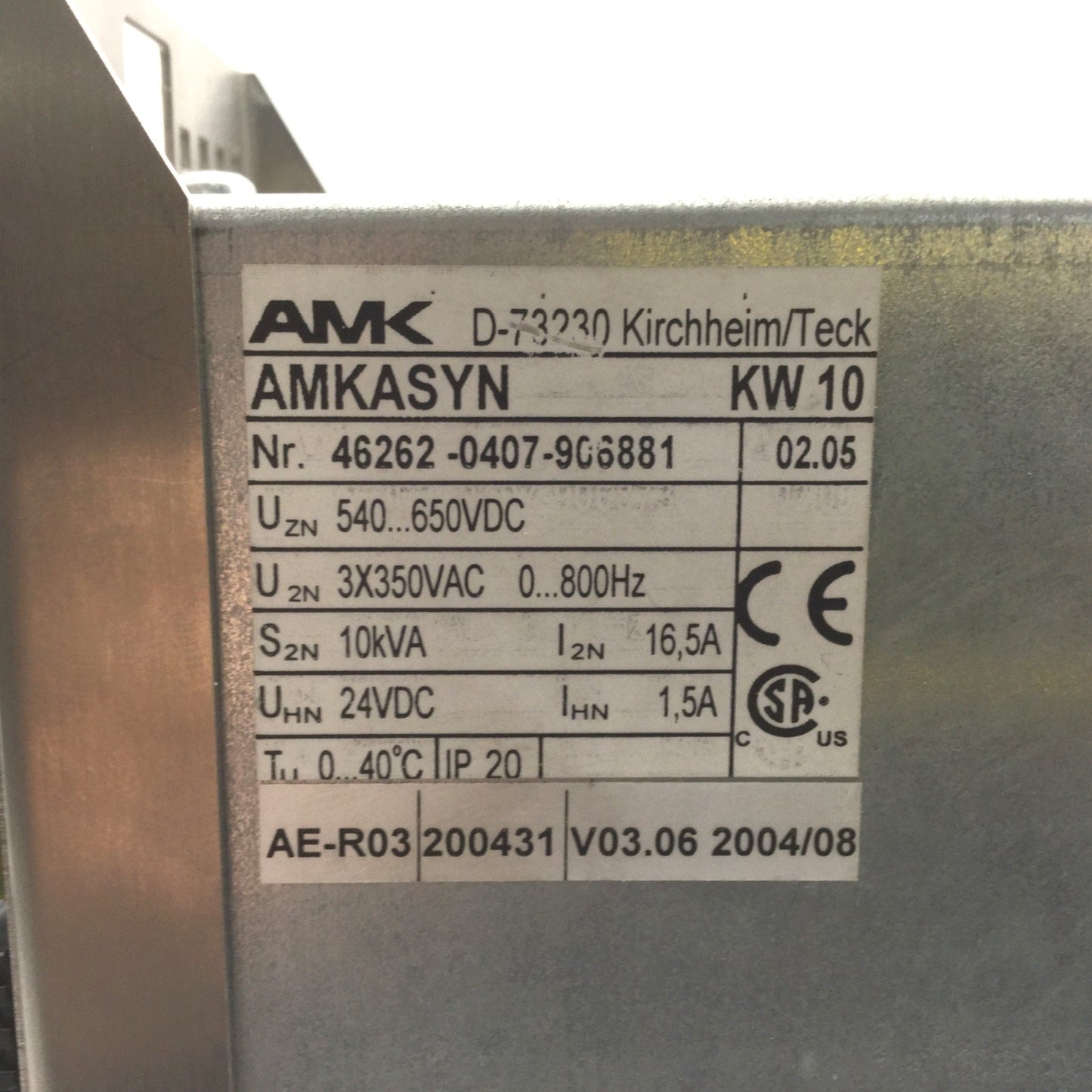 New Other AMK AMKASYN KW10 Nr. 46262-0407-906881 Servo Driver Output: 3x 350VAC 0-800Hz