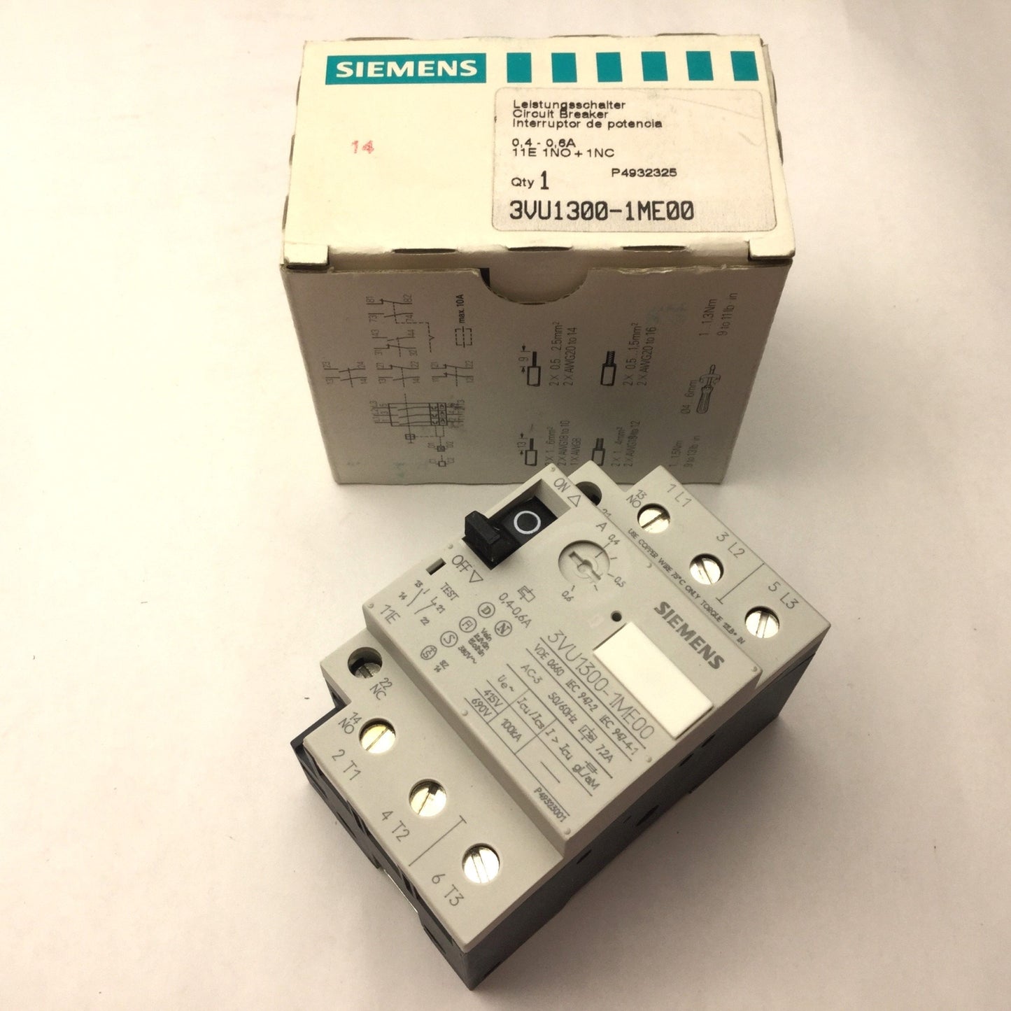 Used New Siemens 3VU1300-1ME00 Manual Motor Starter, 3-Pole, Current Range: 0.4-0.6A