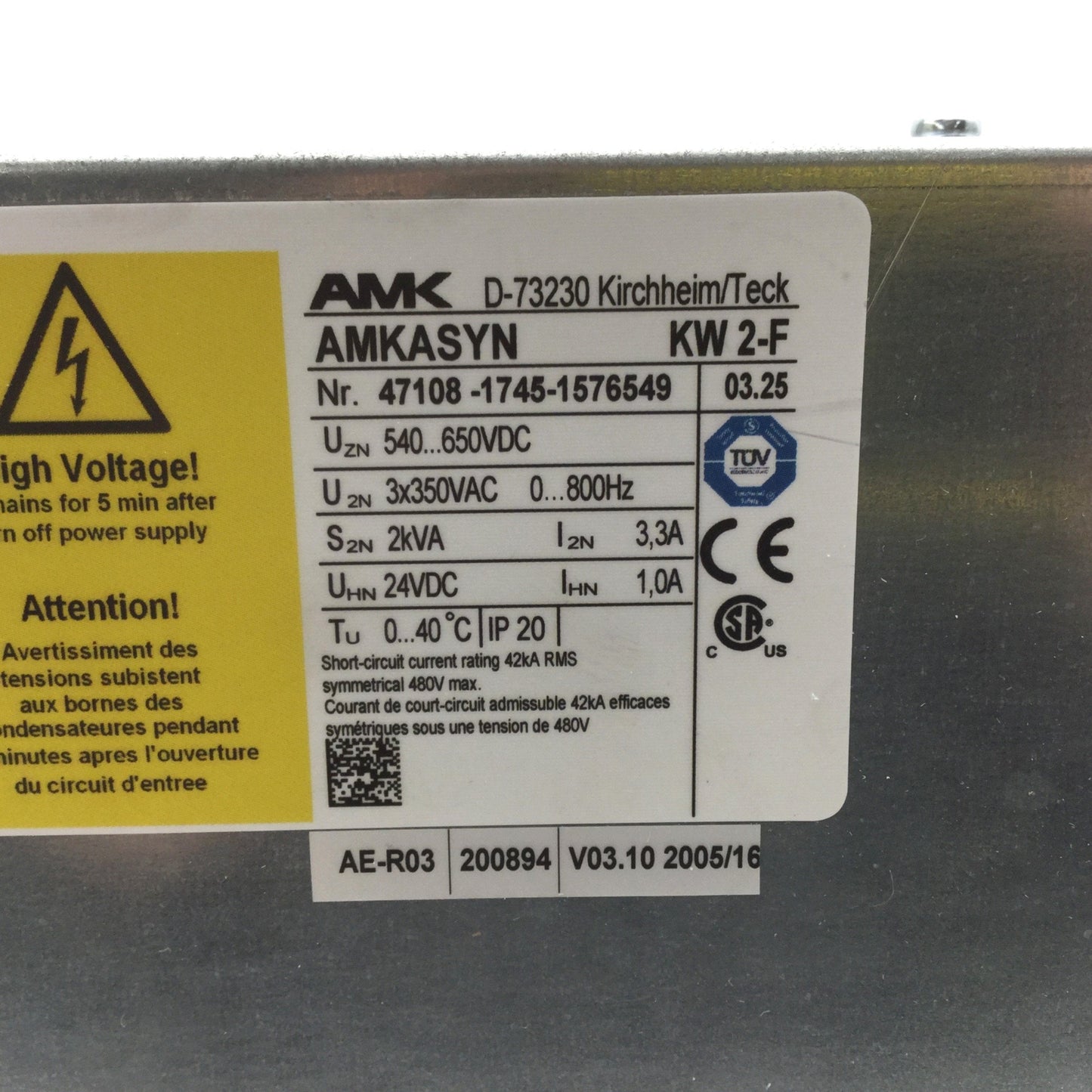 New AMK AMKASYN KW 2-F Compact Inverter Module, In: 540-650VDC, Out: 3x 350VAC, 2kVA