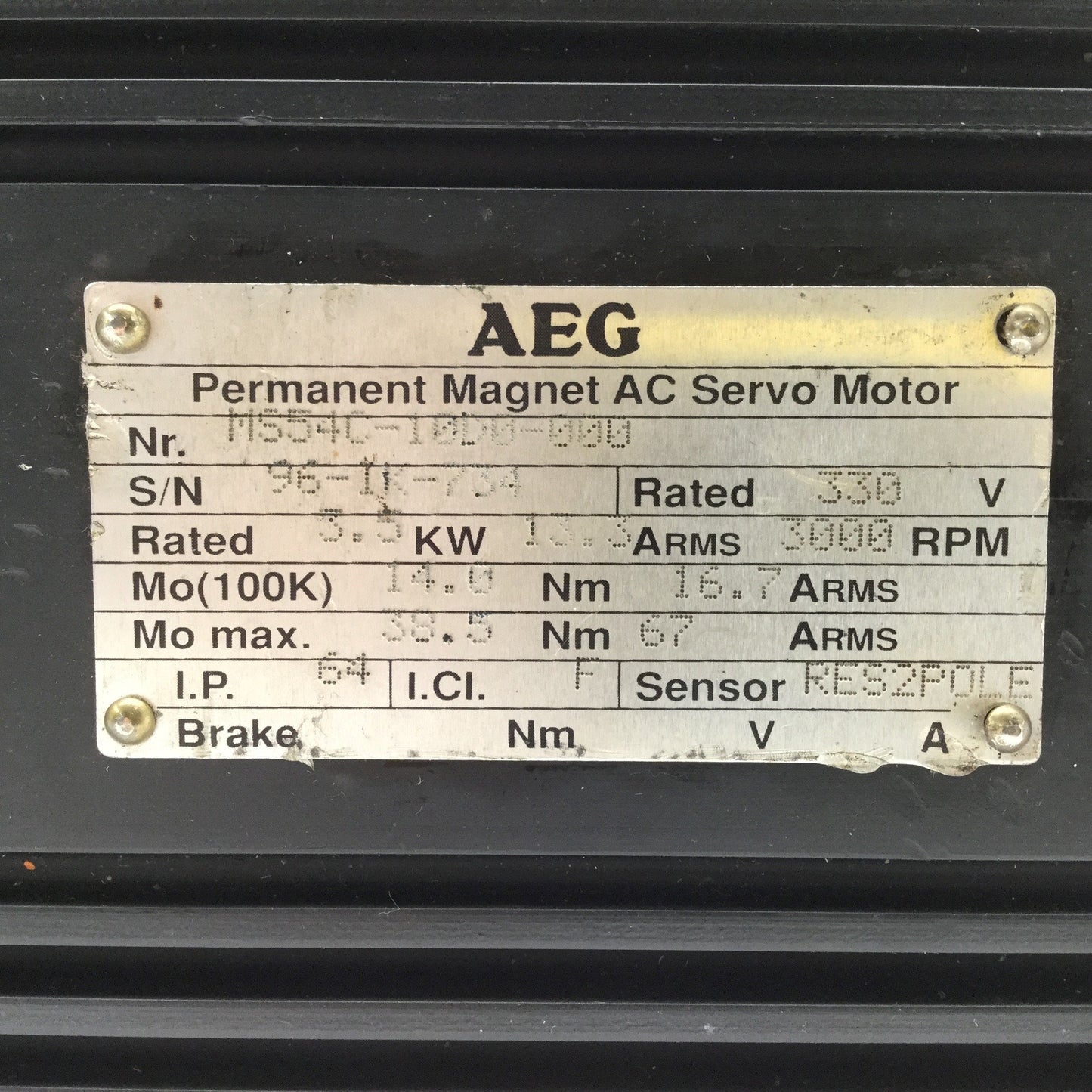 Used AEG MS54C-10D0-000 Permanent Magnet AC Servo Motor, 330VAC, 3.5kW 3000RPM, IP64