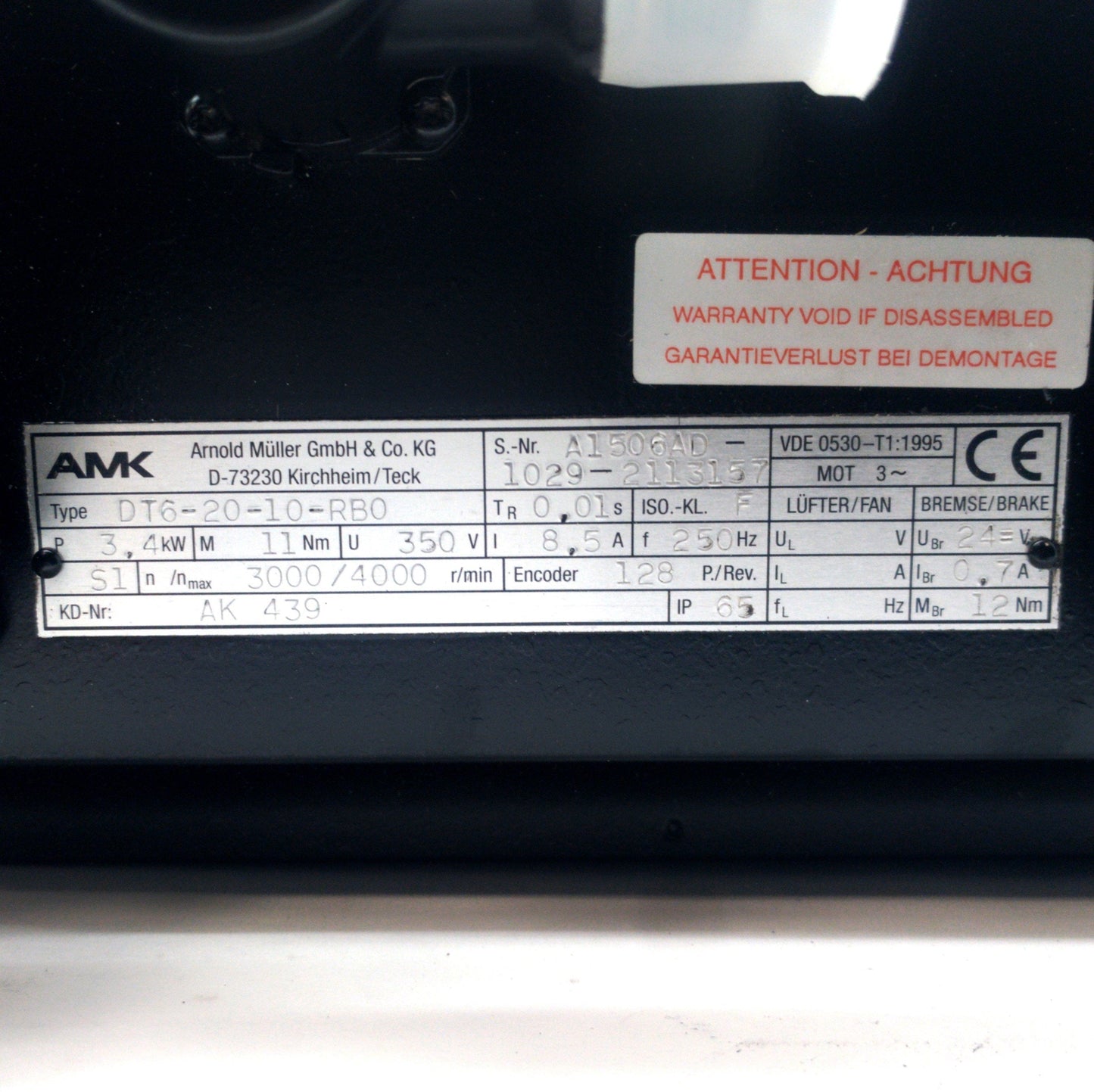 New Other AMK DT6-20-10-RB0 Servo Motor, 3.4kW, 4000RPM, 3? 340VAC 8.5A, 142mm Frame