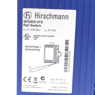 Used Hirschmann Spider 5TX Unmanaged Industrial Ethernet Rail Switch, 5-Port, 24VDC