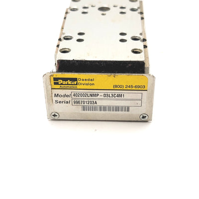 Used Parker Daedal 402002LNMP-D3L1C1M1 Precision Linear Actuator Travel 2", Table 2"