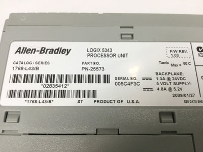 Used Allen Bradley 1768-L43/B CompactLogix 5343 PLC CPU Processor Module Unit, 2MB