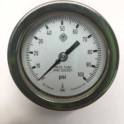 Used McDaniel 316SS Tube Socket 2.5" Safety Glass Pressure Gauge 0-100psi, 1/4" NPT